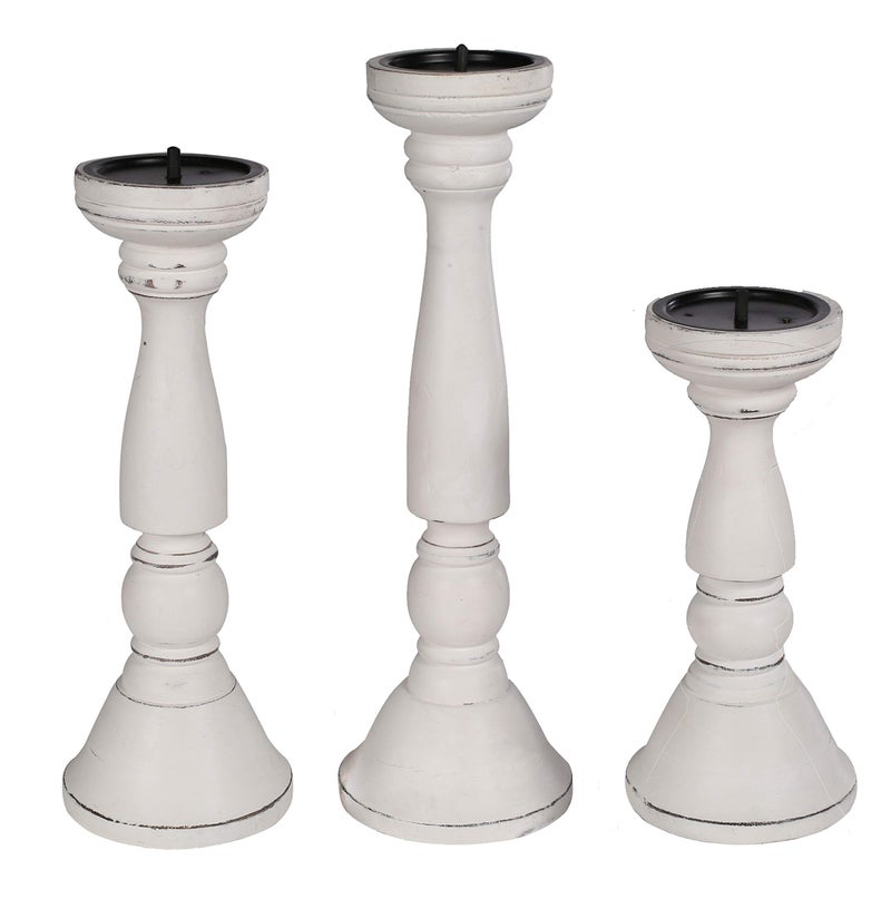 Light & Pro Set of 3 White Antique Farmhouse Wood Pillar Candle Holders - Tall Rustic Candle Holders for Home Decor, Centerpieces, and Weddings, Heights: 16", 14", 12" - Image 4
